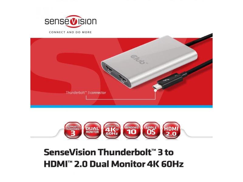Club 3D Adapter CSV-1574 Thunderbolt 3 - HDMI Dual Monitor 4K 60Hz Thunderbolt 3 auf HDMI 2.0 Adapter