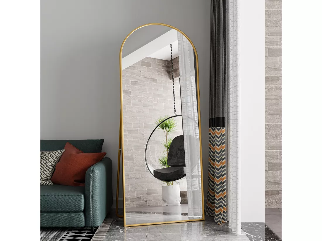 Miroir pleine longueur 180 x 80 cm, sur pied, suspendu ou appuyé, grand miroir de sol avec cadre en alliage d'aluminium doré pour salon ou chambre à coucher, Arc