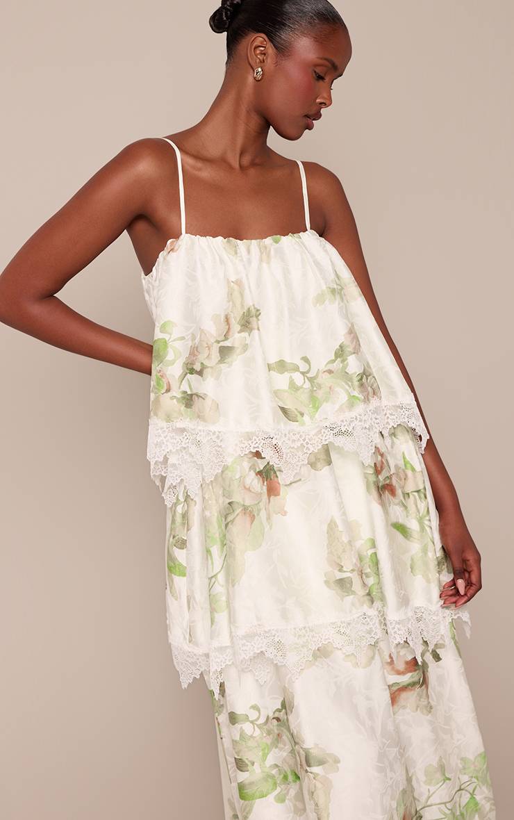 Vert Olive Robe Longue À Bretelles Étagée En Dentelle Imprimée