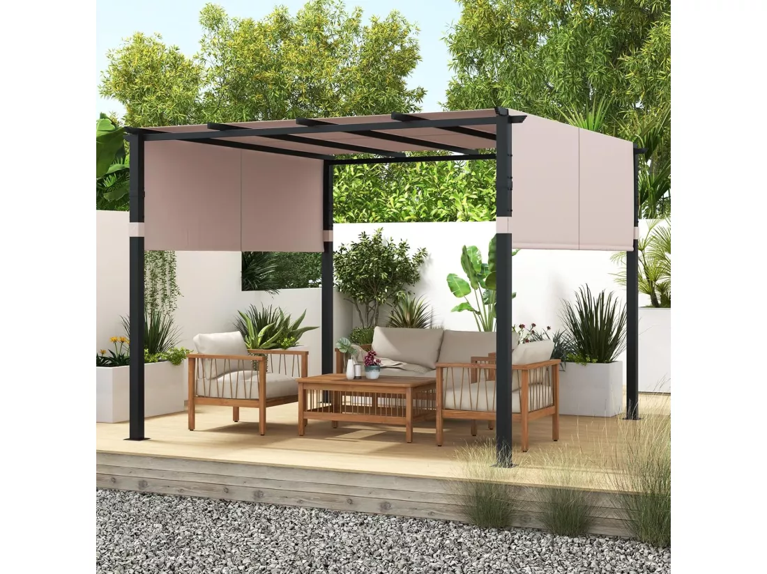 Pergola Rétractable d'Extérieur 305 x 305 CM, Pergola Métallique à Toit Plat pour Patio avec Auvent Rétractable 2 Couvre-soleils à Enrouleur, Tonnelle Abri pour Jardin Patio Porche (Beige)