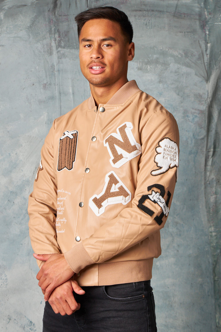 Bomber en simili cuir beige foncé brodée 
