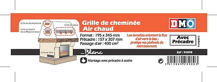 Grille de cheminée avec précadre blanc 195 x 345 mm DMO
