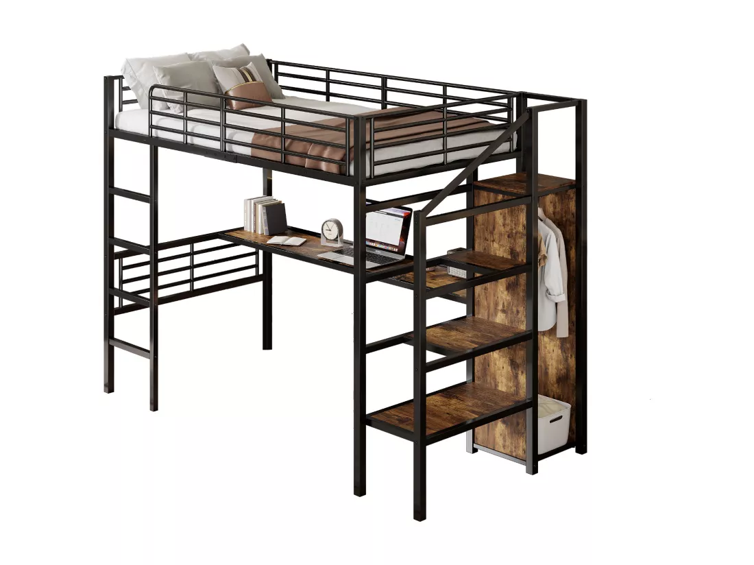 Lit mezzanine 90 x 200 cm avec bureau, armoire et marches de rangement - Métal + MDF - Noir (sans matelas)