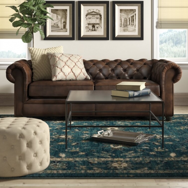 Owen 84&rdquo; Genuine Leather Rolled Arm Chesterfield Sofa