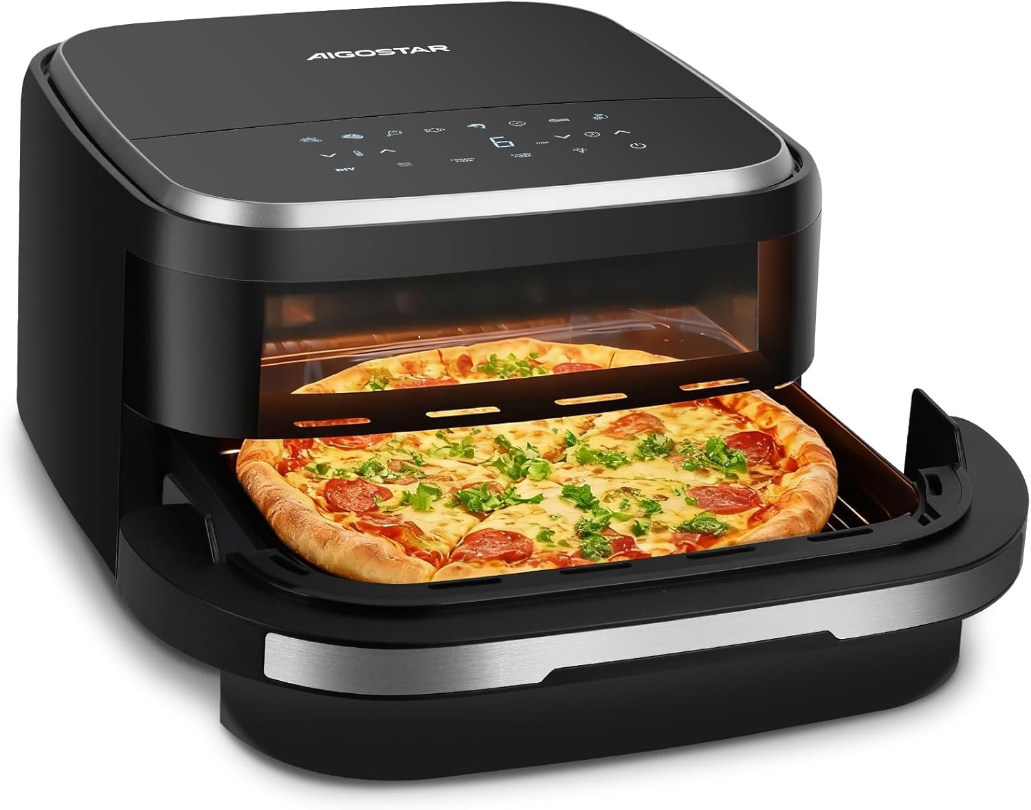 Aigostar Heißluftfritteuse mit XL 745 cm² Garfläche (27.3 * 27.3cm), leiser Extra-Crisp Technologie, Pizzafunktion, Doppelheizung, Sichtfenster, 11 Programmen, Touchscreen, Metall-Innenraum, Schwarz