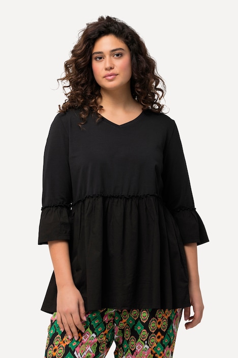 T-Shirt, Volantsaum, A-Linie, V-Ausschnitt, 3/4-Arm