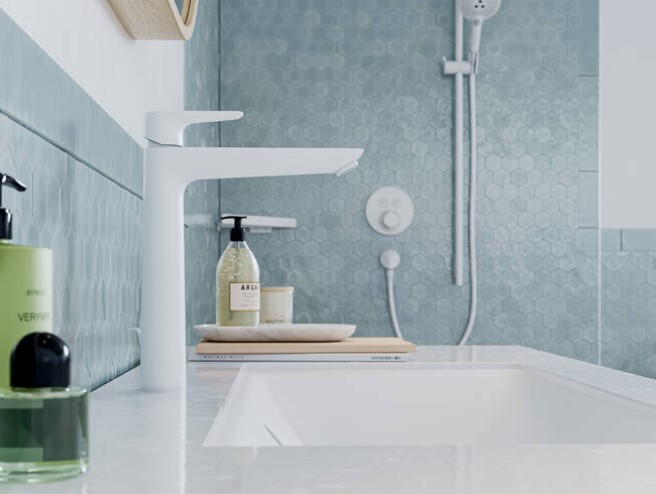 Hansgrohe Talis E verhoogde wastafelkraan met pop-up waste wit mat