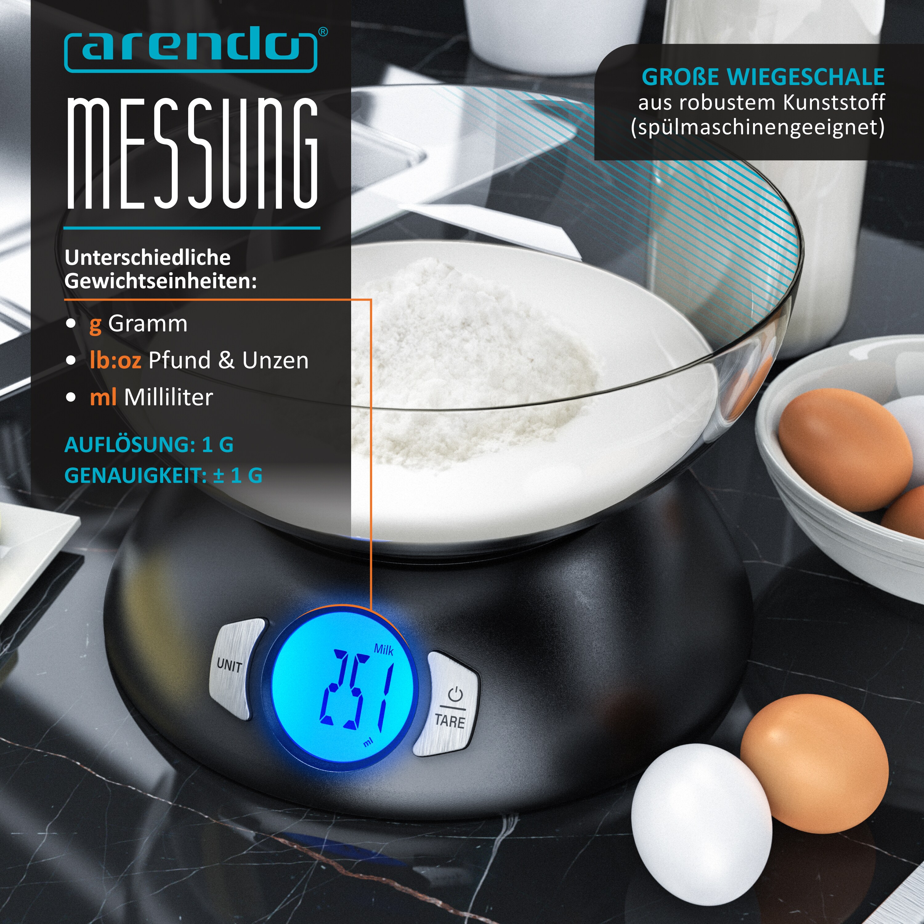 Arendo Küchenwaage digital mit großer Schale - 5000 g - LCD Display - Tara Zuwiegefunktion - Auflösung ±1 g - Batterien inklusive - Auto Off - DMS