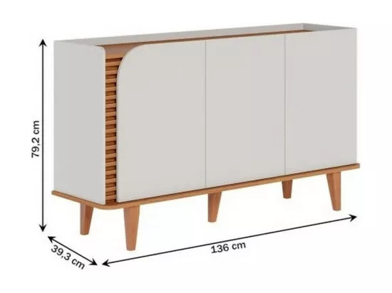 Buffet Bas 3 Portes 5 Niches Blanc et Chêne 5 Pieds Bois L 136 H 79.2 P 39.3 cm