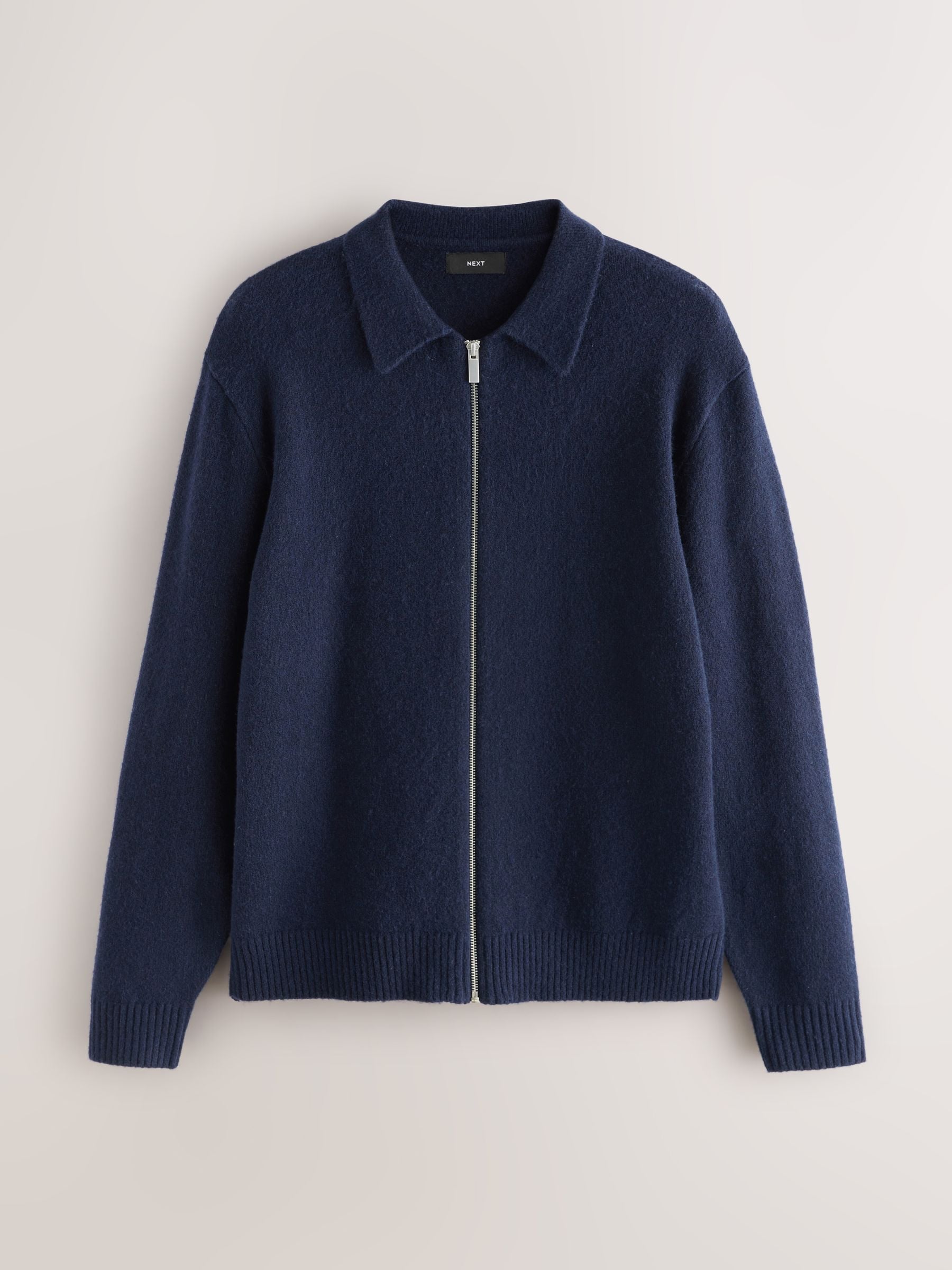 Donkerblauw - Relaxed Fit Cosy Zip Through Collared Cardigan with Wool