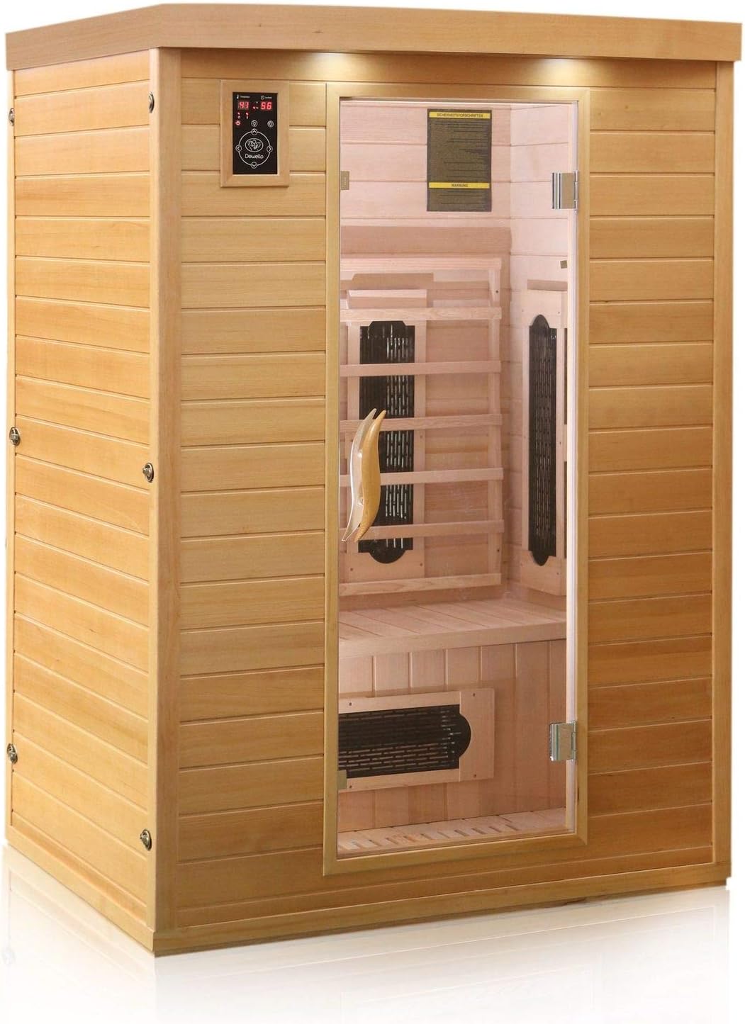 Dewello® Infrarotkabine Infrarotsauna Laval Plus 135cm x 105cm für 1-2 Personen aus Hemlock Tannenholz mit Keramikstrahlern, LED-Farblicht, Bluetooth, FM,MP3,USB
