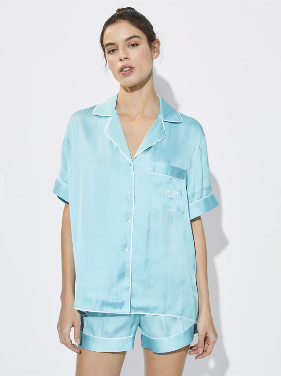 Conjunto de pijama personalizável com máscara para os olhos - Azul