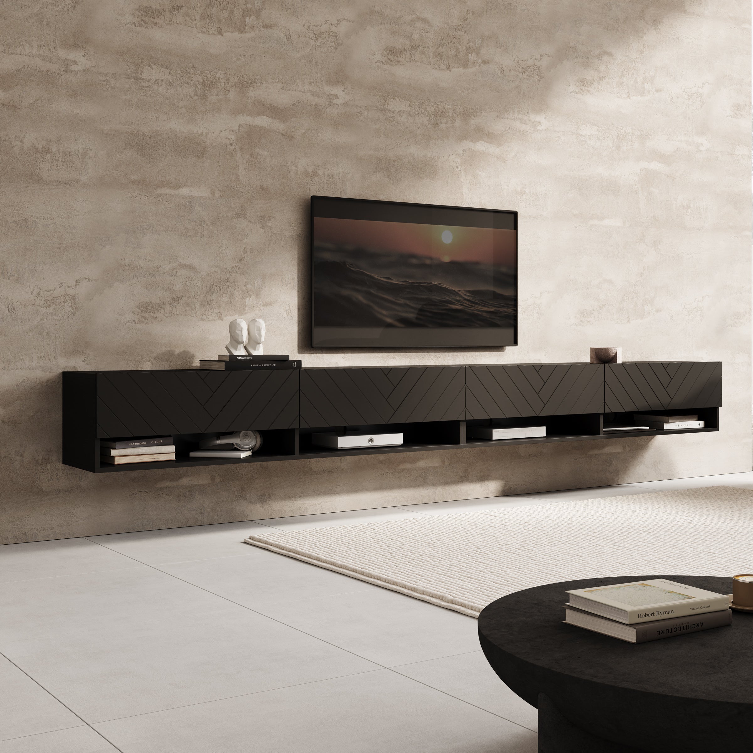 Asino - TV-Meubel - Zwart Visgraat - 280x31x30 cm