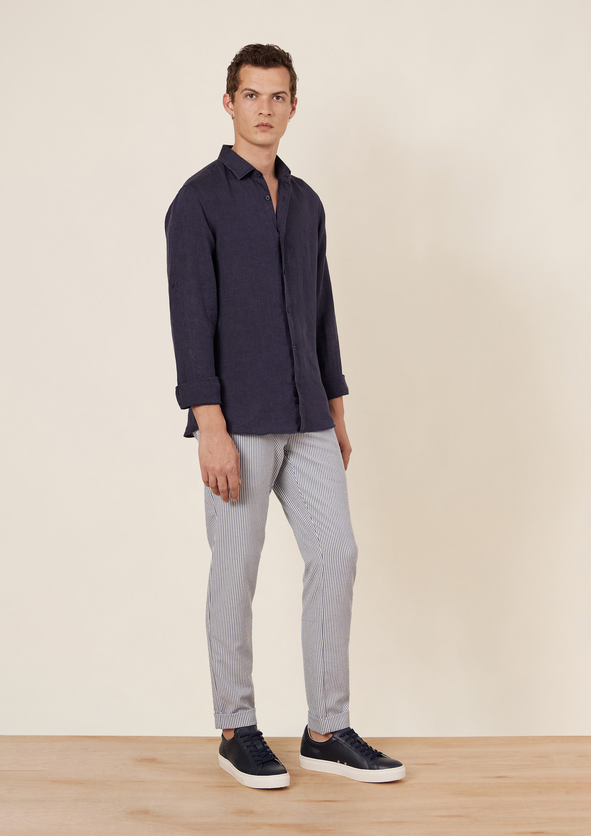 Pantalon casual slack skinny blanc à rayures bleu jeans