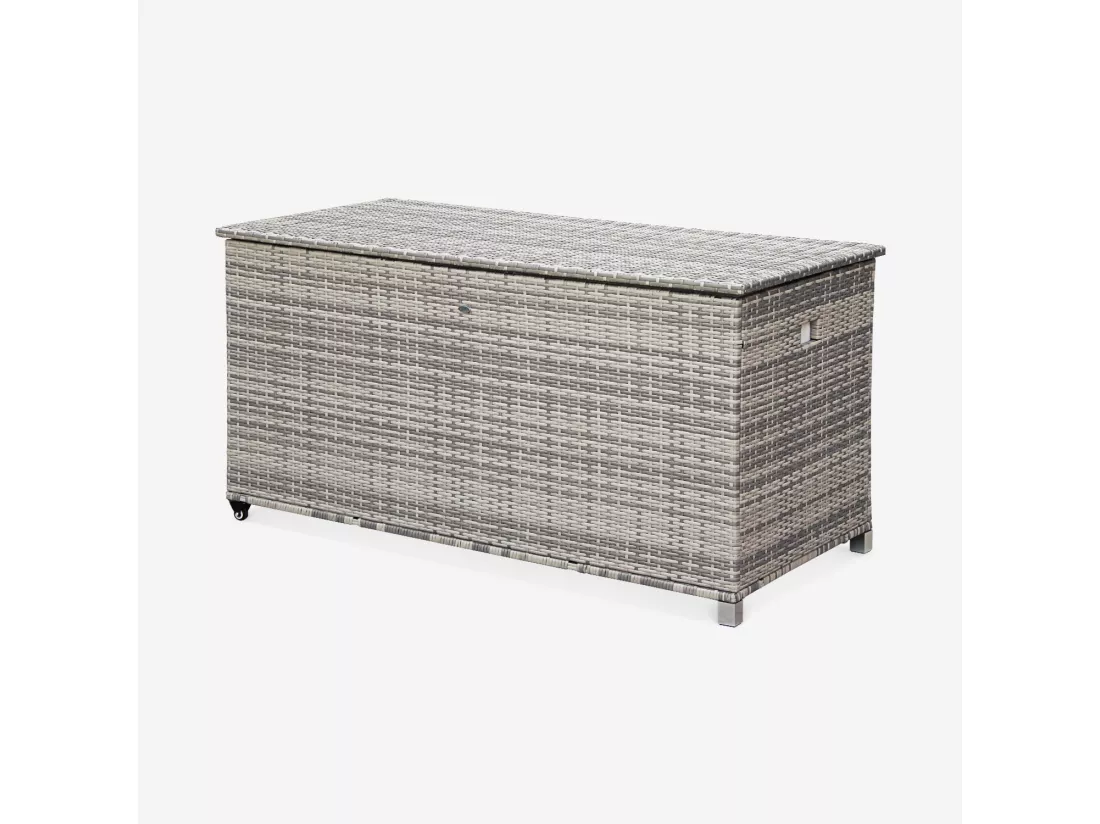 Coffre de jardin en résine tressée - Cassapanca Nuances de Gris - 790L. vérins. roulettes. poignée et housse intérieure écrue. rangement coussins 162x82cm