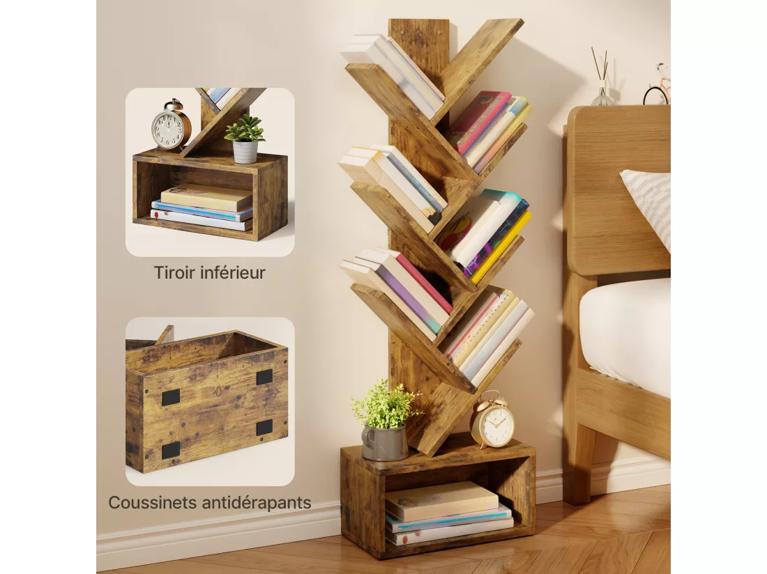 Bealife Bibliothèque 7 Niveaux Étagère de Rangement 1 Casier Arbre Livre CD Magazine Salon Chambre Enfant Marron