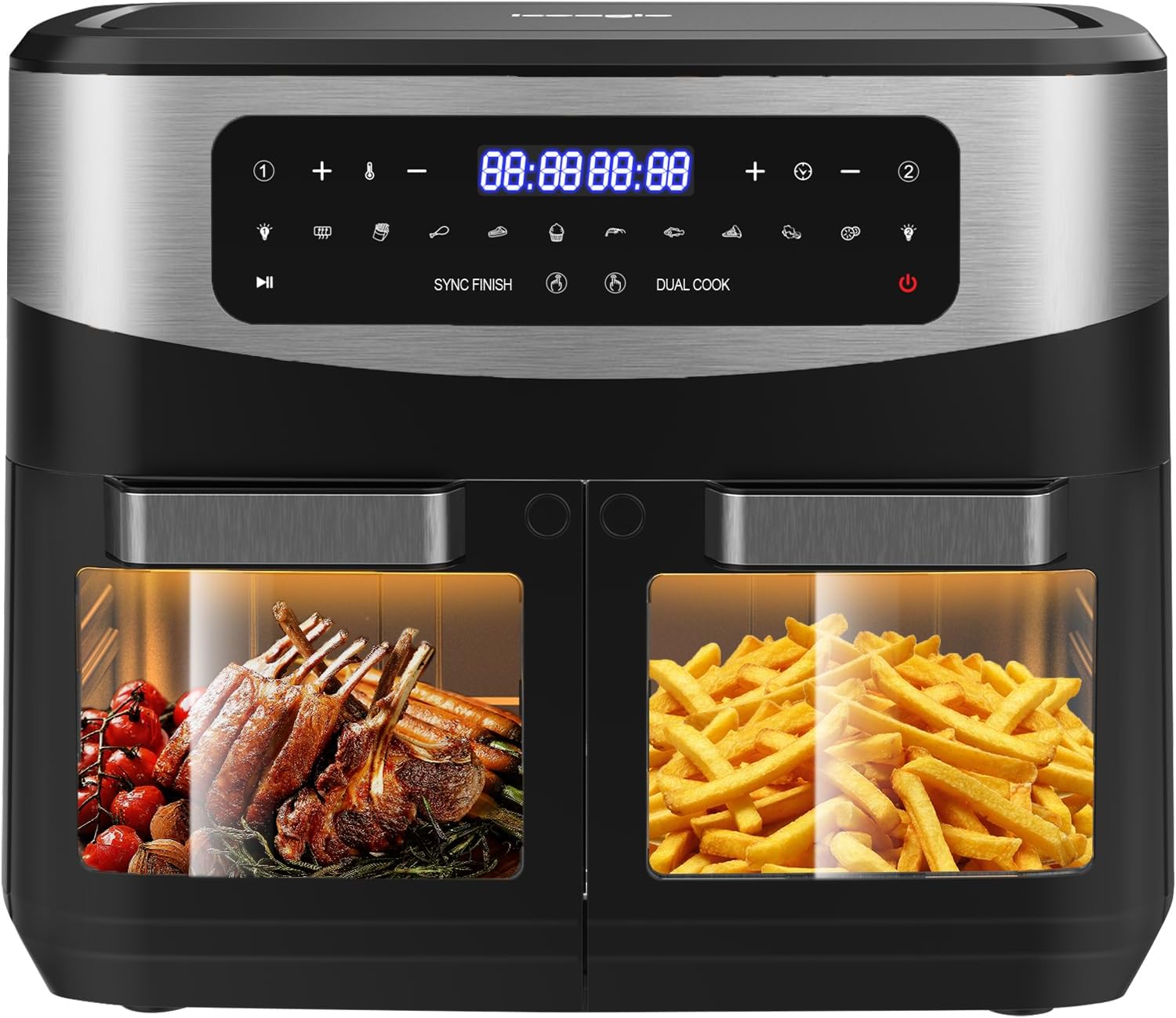 Heißluftfritteuse Doppelkammer Airfryer 12L - Heissluftfriteuse XXL Friteuse mit Sichtfenster, LED Touchscreen, 2 Fächer, 10 Programmen, Sync Finish & Dual Cook, Dörrer Funktion, 2600W