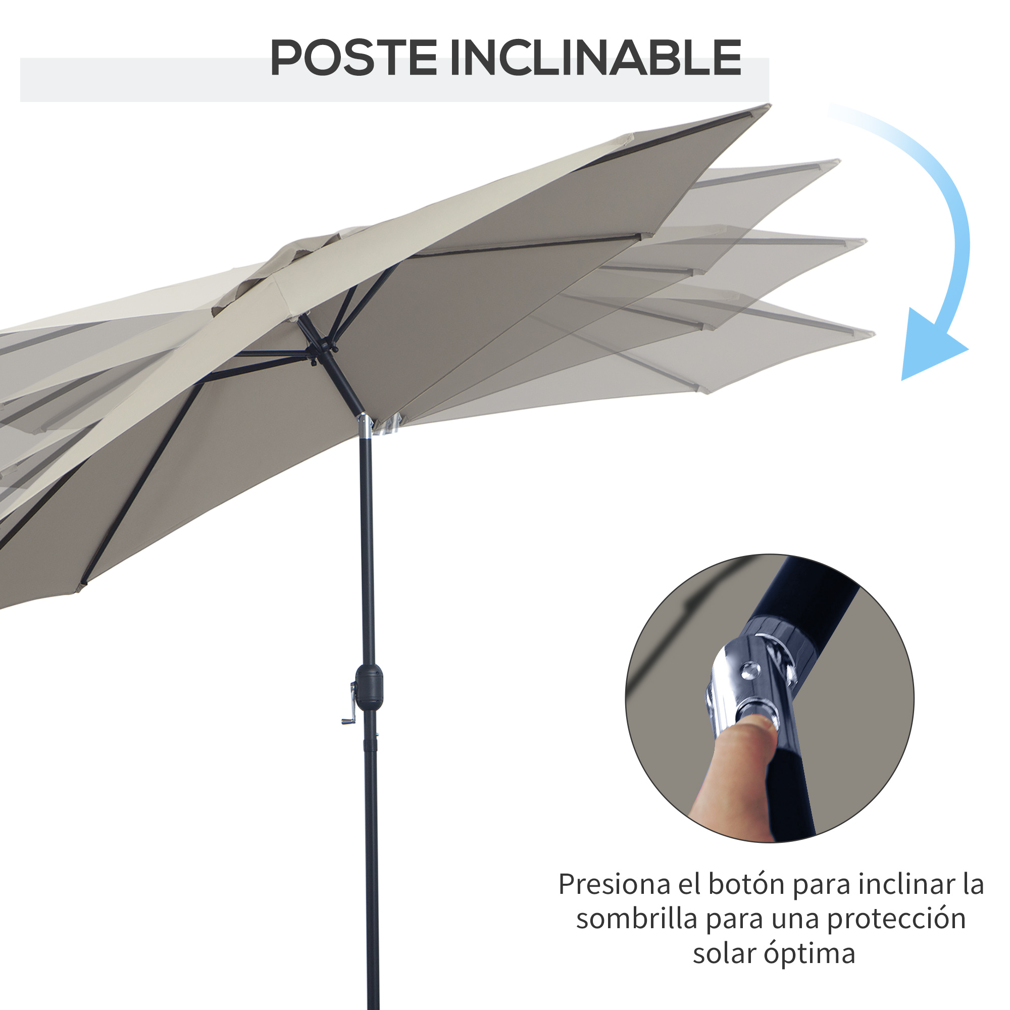 Guarda-sol de jardim Outsunny Ø295x250 cm com manivela, guarda-sol externo com mecanismo de inclinação e mastro de metal removível para terraço, piscina e pátio, cinza claro.