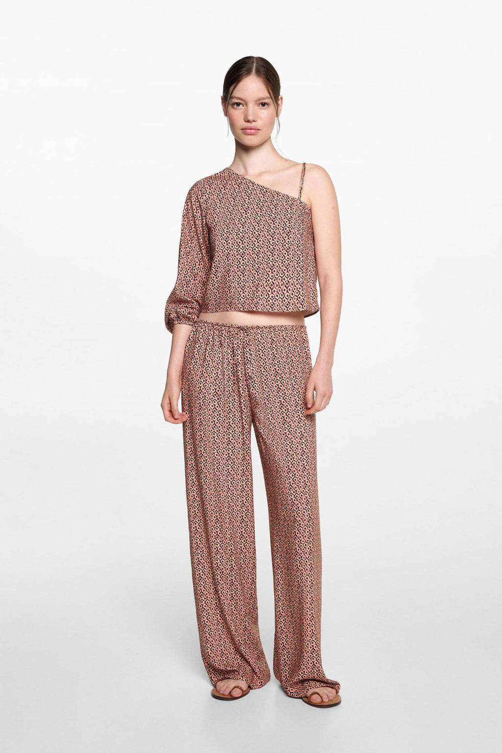 MANGO TEEN one shoulder top met all over print lichtoranje/zwart