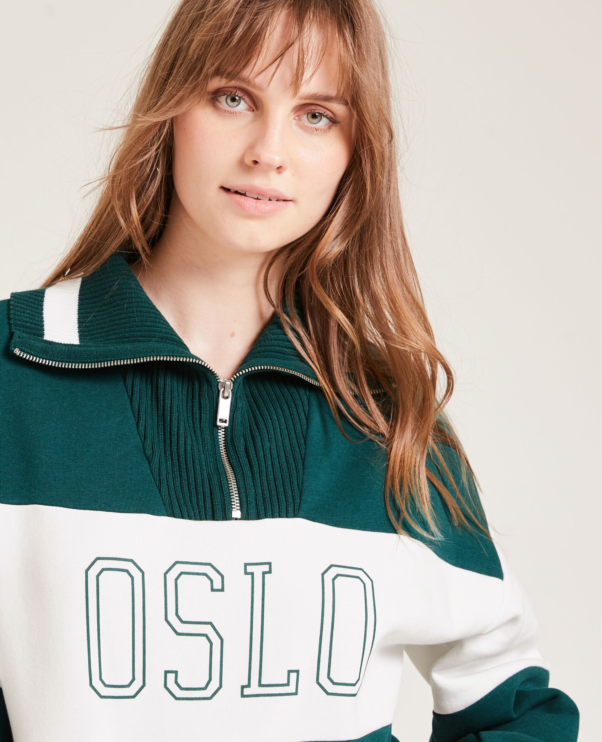 Sweat bi-matière col zippé - Vert