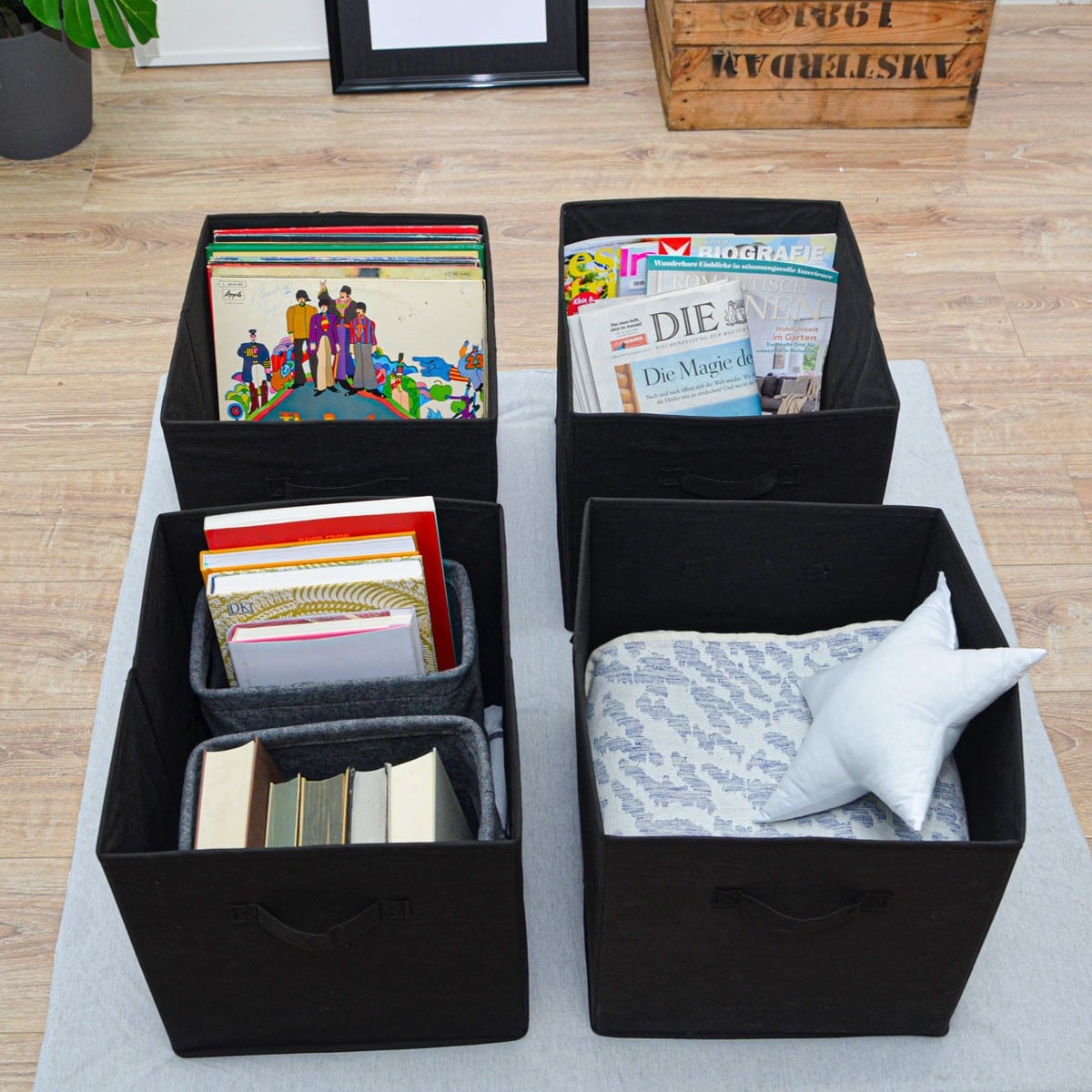 4er Set Aufbewahrungsbox für Kallax Regal - 33x38x33 Stoff Box mit Griff - Schwarz