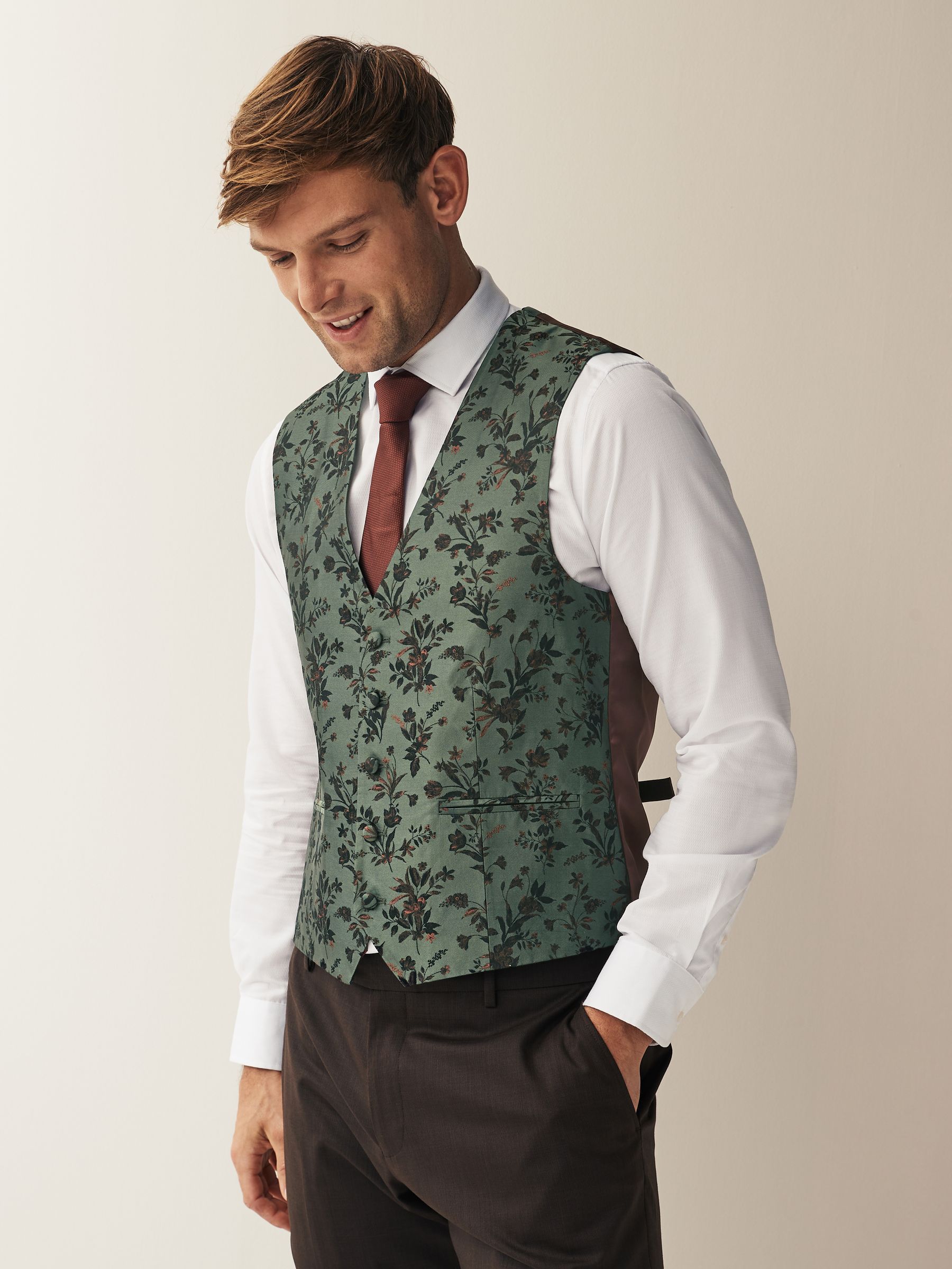 Bosgroen met bloemenprint - Regular fit gilet voor speciale gelegenheden