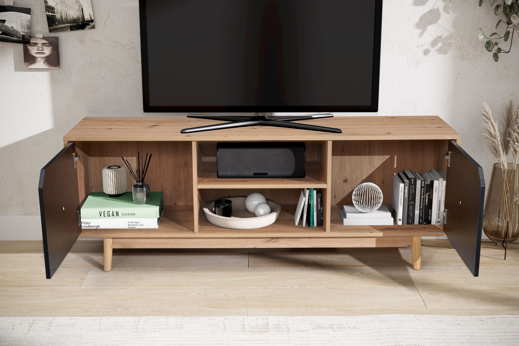 Lowboard FineBuy TV Schrank 150 cm Fernsehkommode Fernsehschrank Eiche Schwarz