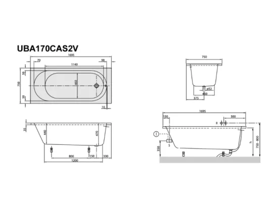 Pack baignoire 170 x 75 VILLEROY ET BOCH O Novo avec pieds et robinet