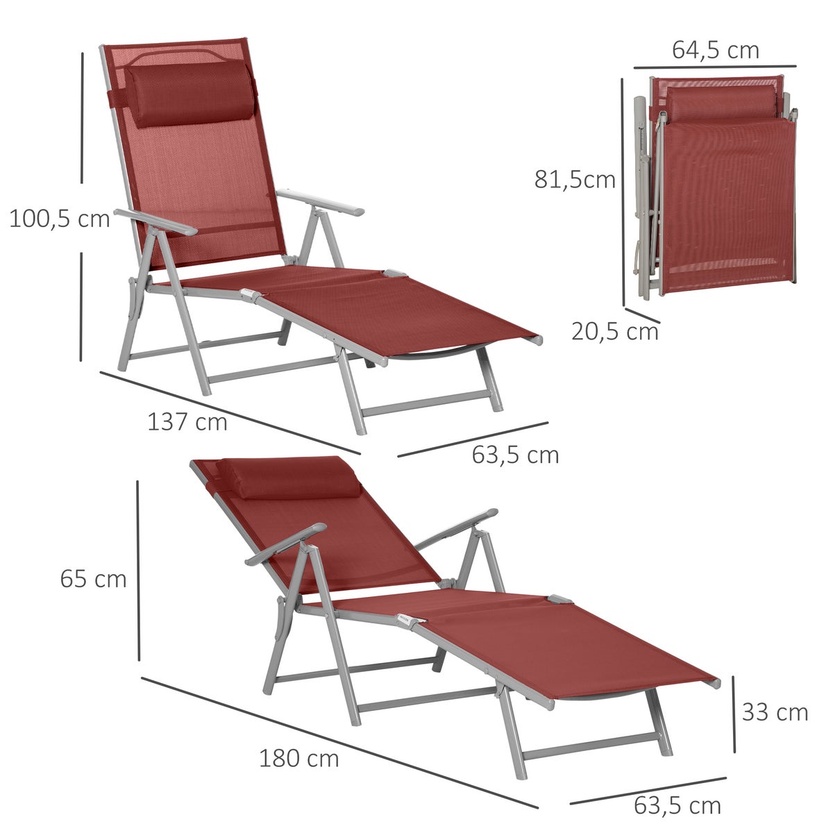 Outsunny ligstoel, tuinligstoel, opvouwbaar, met kussen, 137 x 63,5 x 100,5 cm, metaal+stof, bordeauxrood