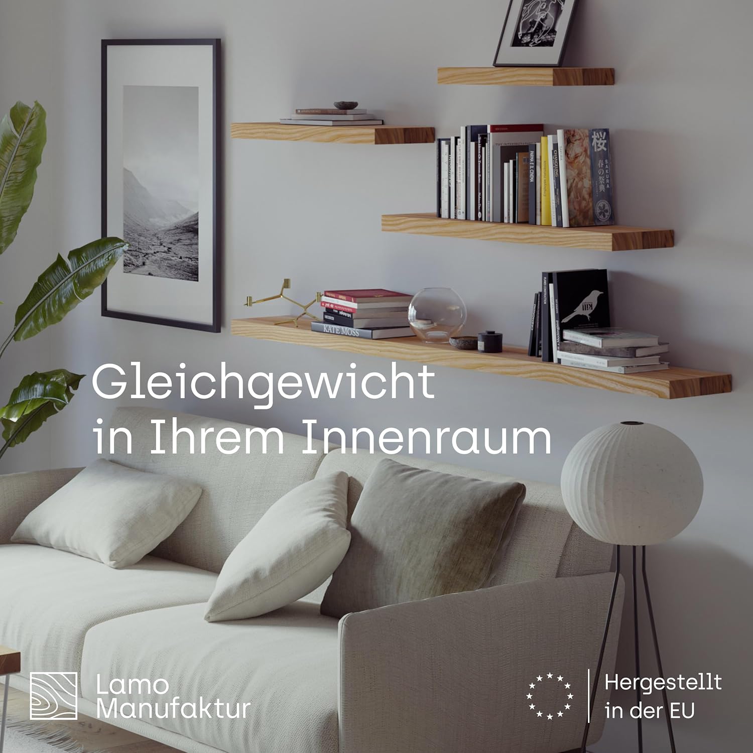 LAMO Manufaktur Schweberegal Holz mit unsichtbarer Befestigung | Wandregal 140 cm breit für Wohnzimmer, Home Office | Farbe: Roh, Kante: gerade | Massivholz, modernes Design, Schwebende Optik