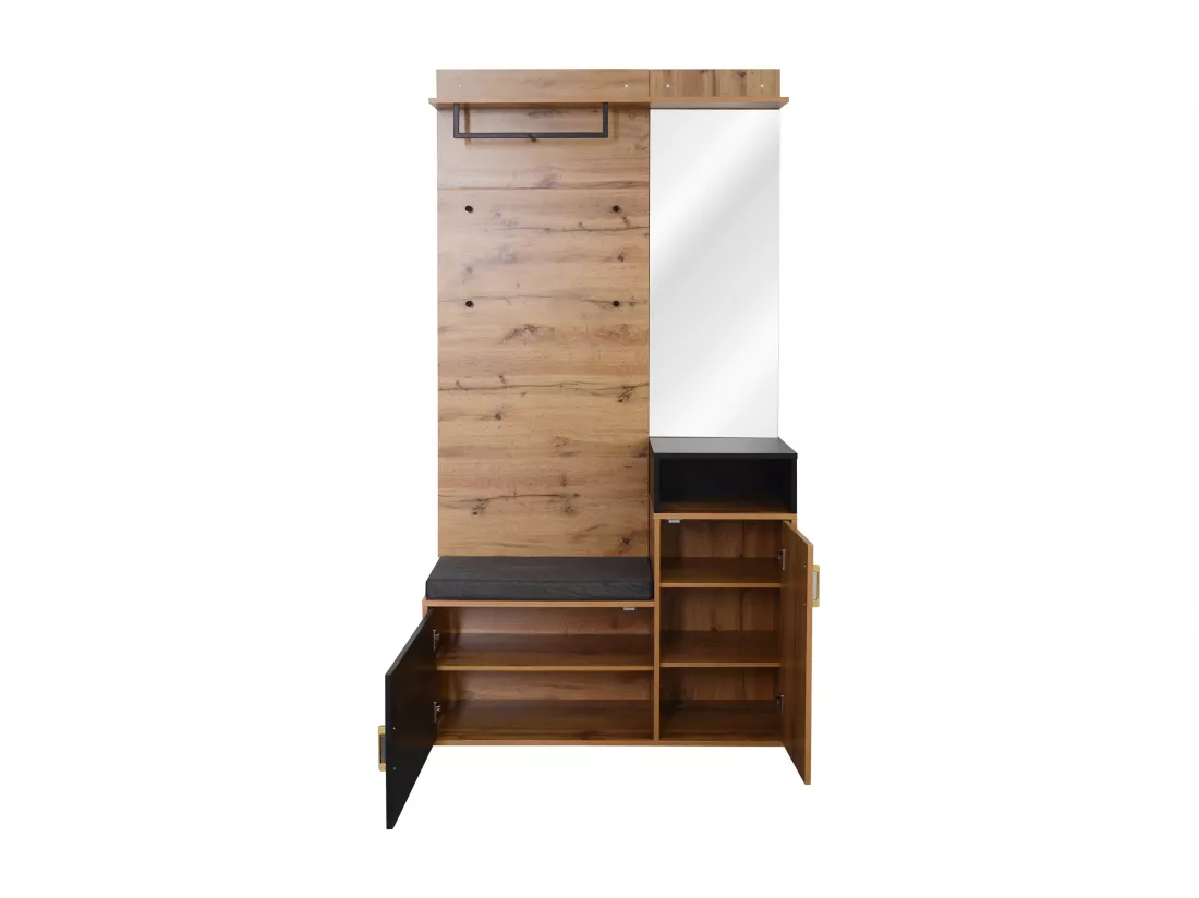 Vestiaire d'entrée avec miroir et meuble à chaussures - Hauteur 190cm - naturel & noir