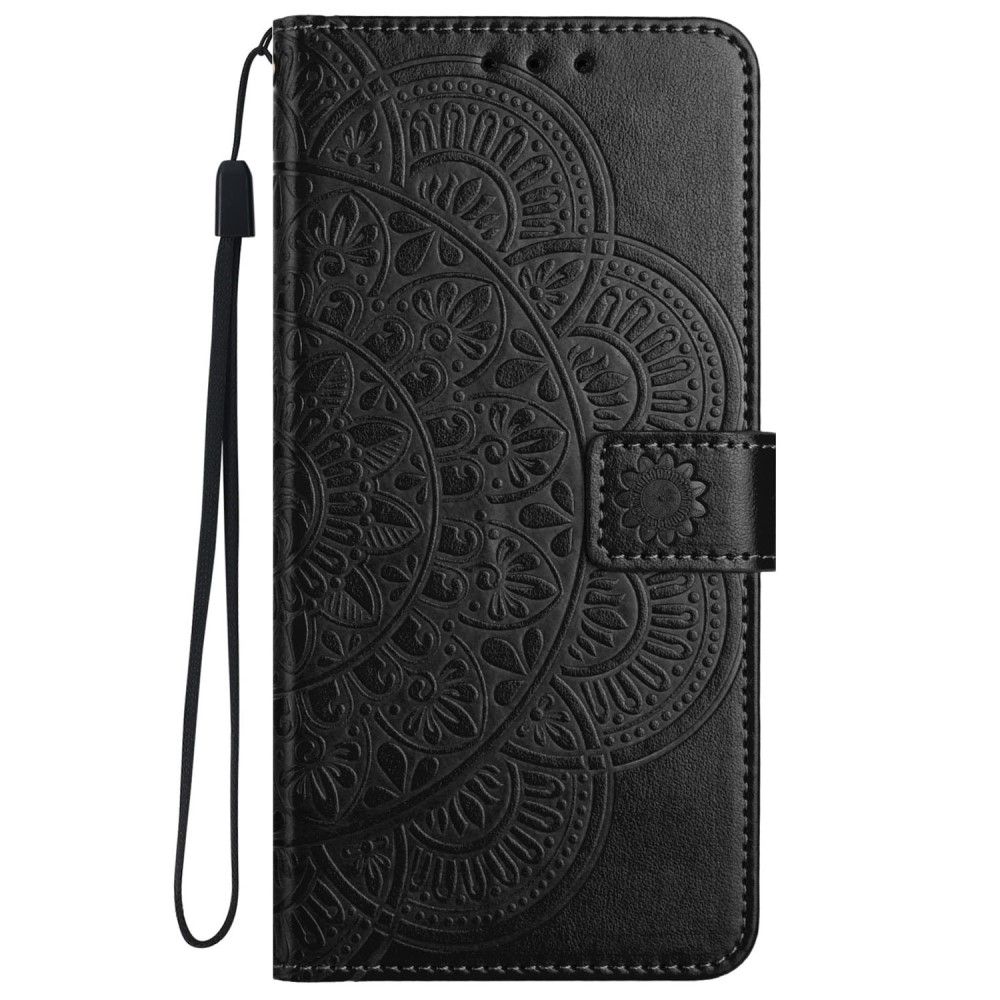 iPhone 16 Pro Max Leder Tasche Wallet - Mandala Flowers Imprint - Schwarz
