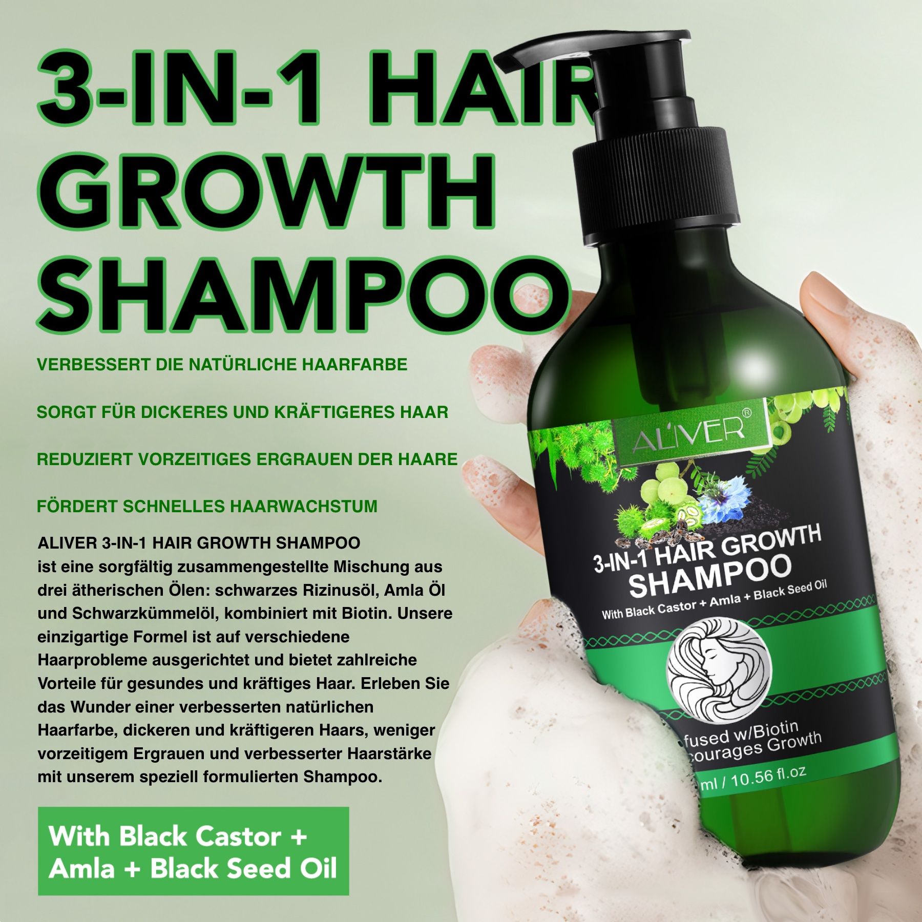 ALIVER 3-in-1 Rizinusöl Amlaöl Schwarzkümmelöl Haarshampoo