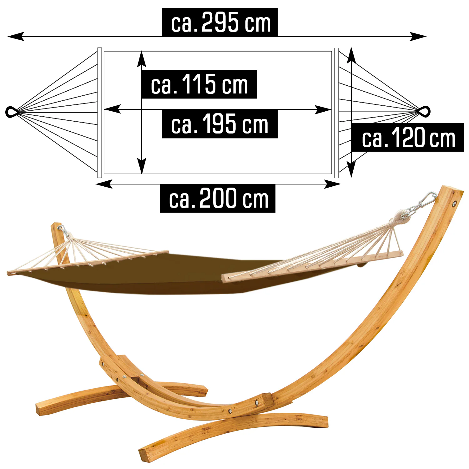 Hängematte mit Gestell 310 x 120 cm - Holz Hängemattengestell