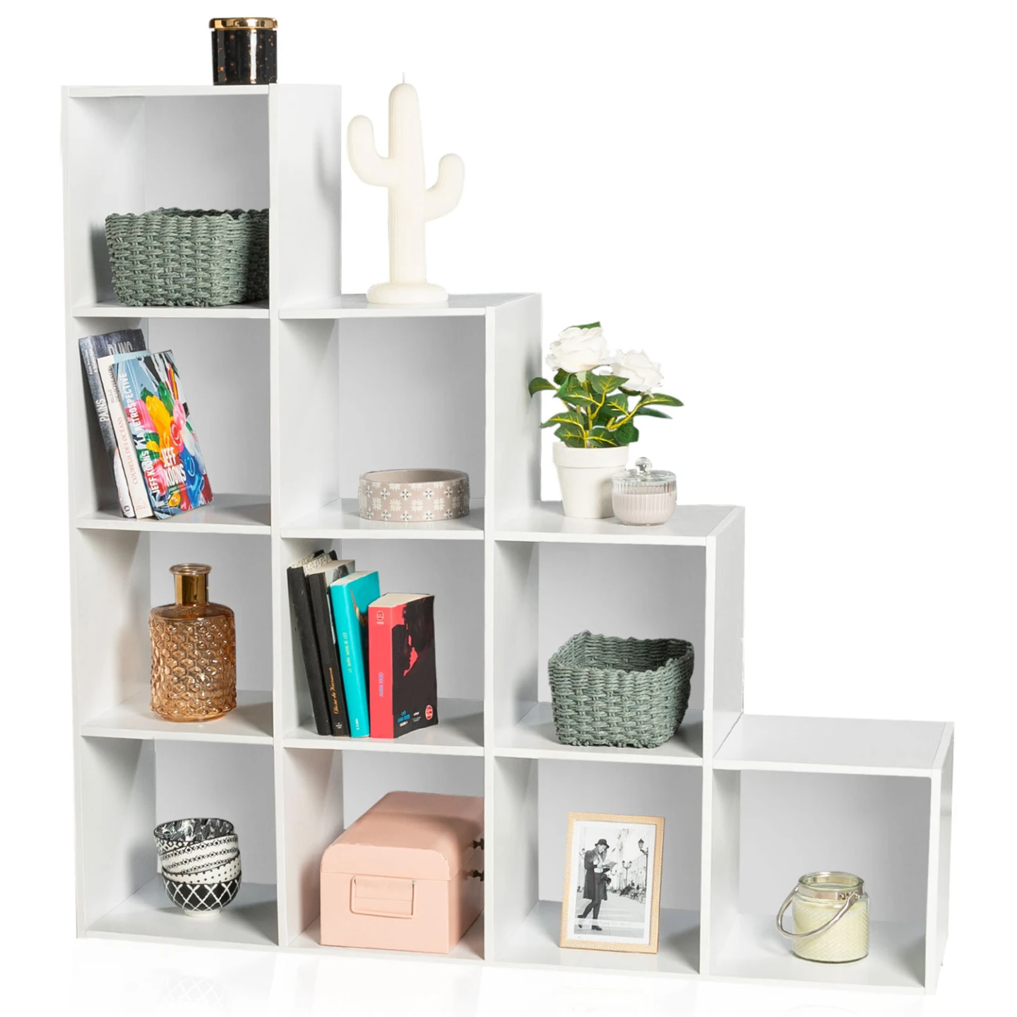 Meuble de rangement en escalier LIAM 4 niveaux bois blanc + fond blanc