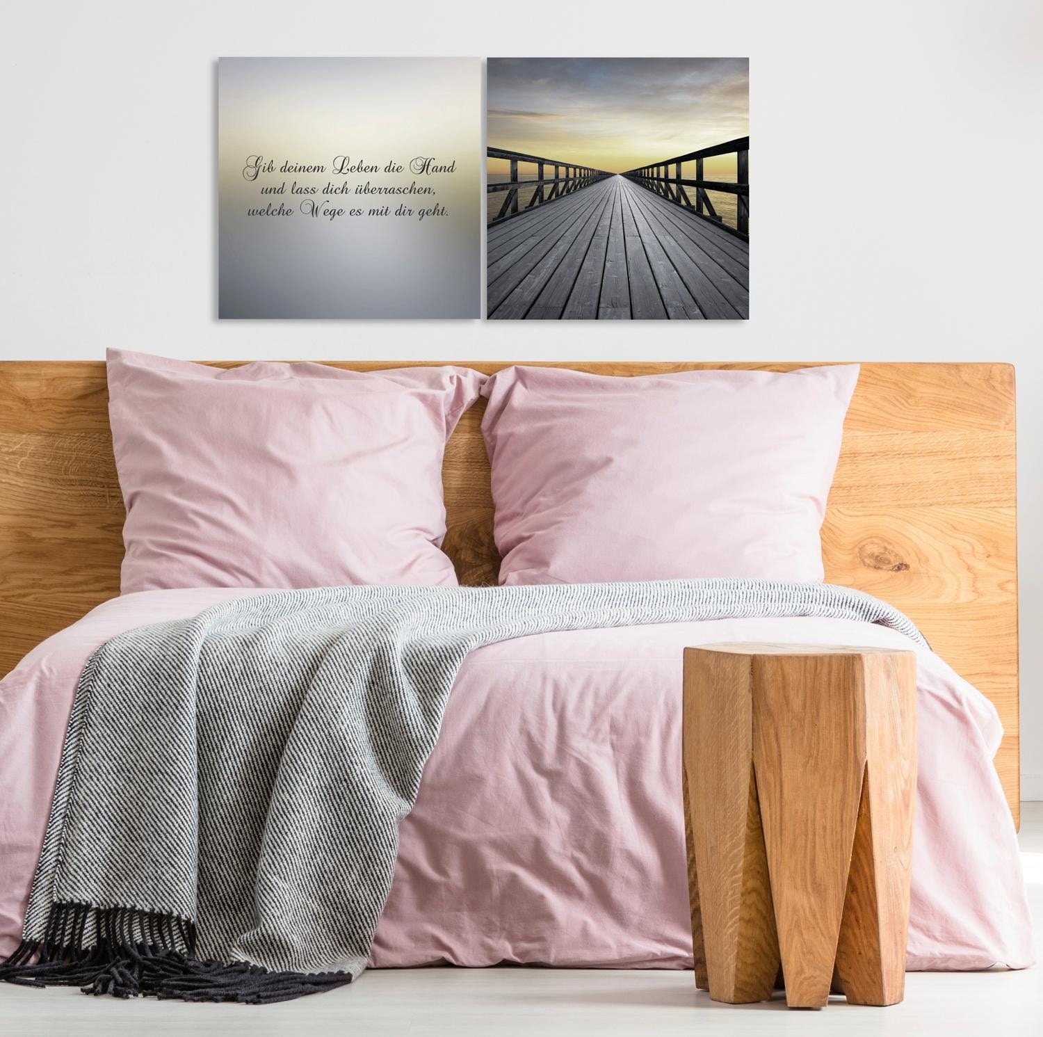 queence Leinwandbild »Weg in die Zukunft« Himmel | Kunst | Modern | Schriftzug | Schriftzüge | Sonnenaufgang | Spa | Spa Bilder | Sprüche | Sprüche & Texte | Steg Set,  Premium-Leinwandstoff, Handarbeit aus Deutschland, Spruch, 2er Set