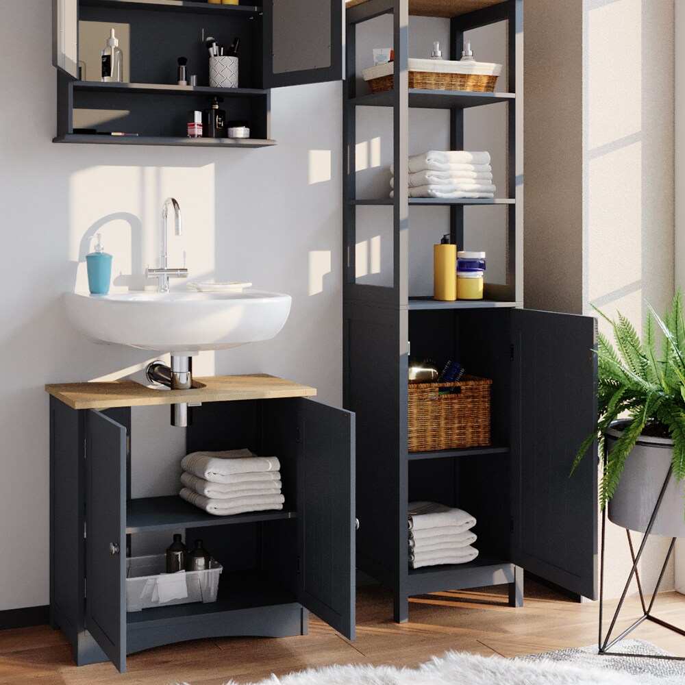 Vicco Badschrank Bianco Grau Hochschrank 160x40x32cm Badregal Badmöbel grau Holz Badezimmerschrank im Landhausstil
