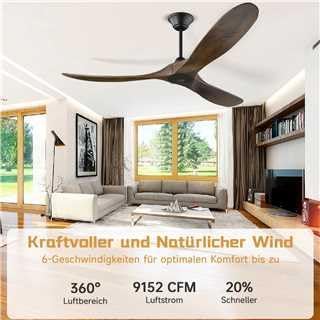 132 cm Deckenventilator mit Fernbedienung, 3-Blatt-Deckenventilator für den Außenbereich mit Holzpropeller ohne Licht für Terrassen, Gleichstrommotor, 1-8-Stunden-Timing, Schwarz + Walnuss