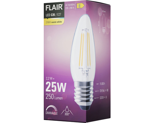FLAIR LED kaarslamp, dimbaar, C35 E27/2,2W (25W) 250 lm 2700 K warm wit helder