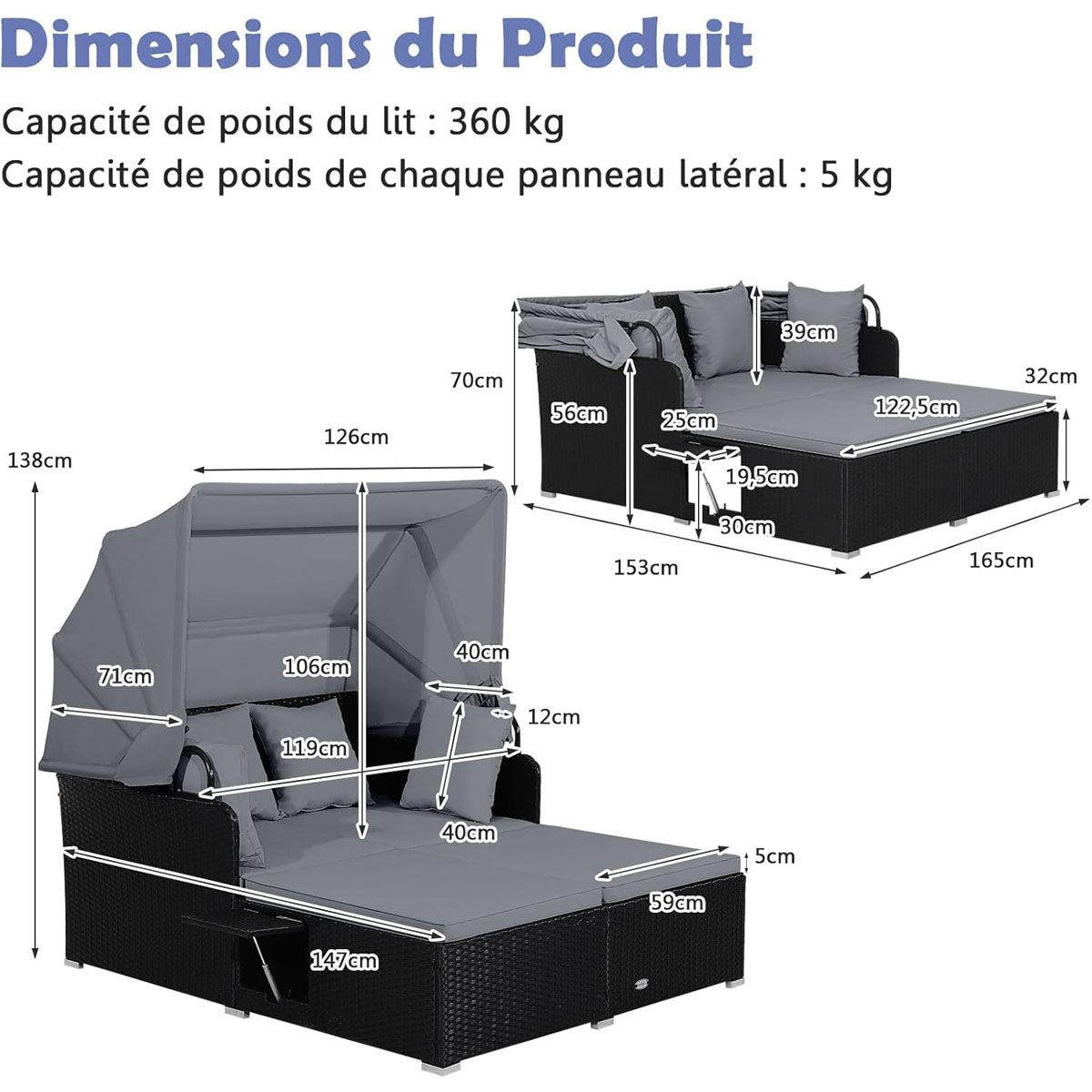 Chaise Longue à 2 Places en Rotin avec Auvent Rétractable Bain de Soleil avec Panneaux Latéraux Pliables Charge 360KG Beige/Gris - Lidl-Manfred