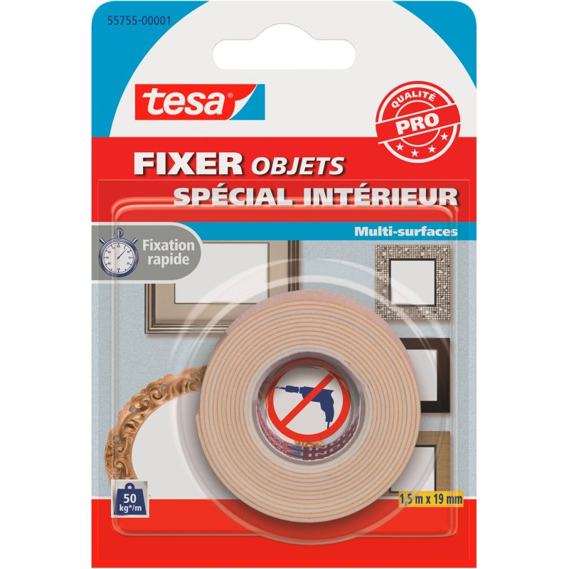 Ruban adhésif Tesa double-face spécial intérieur - Largeur 19 mm x longueur 1,5 m