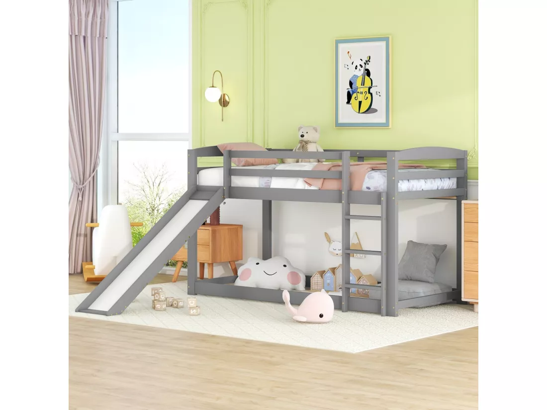 Lit superposé 90 x 200 cm - Avec toboggan et escalier - Pin - Charge max 120 kg - Gris