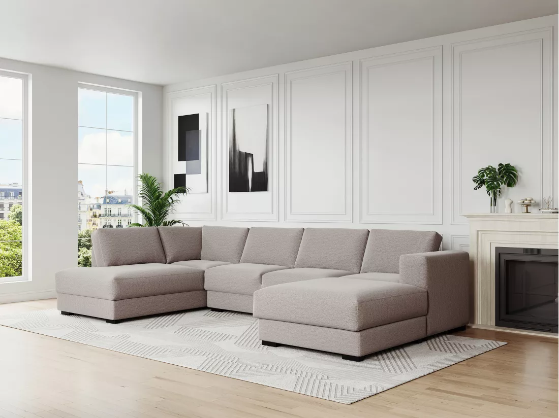 Canapé d'angle droit panoramique en tissu beige MESETA