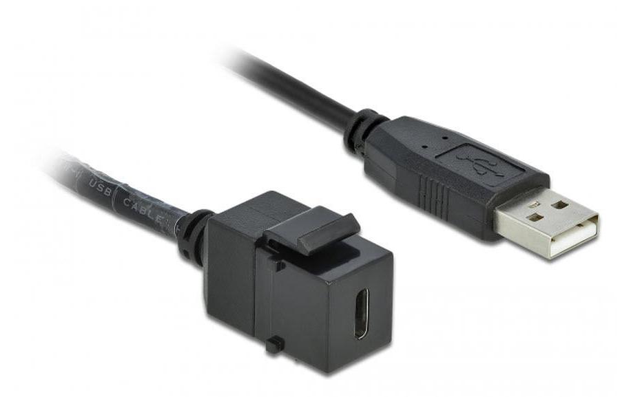 Keystone-Modul USB2.0 USB-A – USB-C, 25cm schwarzDelock Keystone Modul USB 2.0 C Buchse > USB 2.0 A Stecker mit Kabel