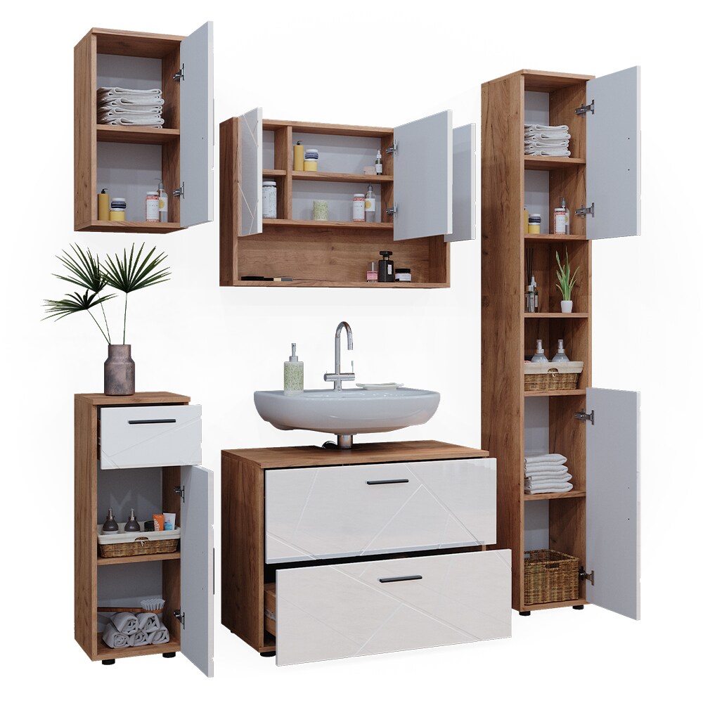 Vicco Badmöbelset Irma Eiche Weiß Hochglanz modern 80 cm 30 cm Badezimmerschrank Badschrank Badezimmermöbel Waschtischunterschrank Spiegelschrank Hochschrank Midischrank Hängeschrank Tür Schublade