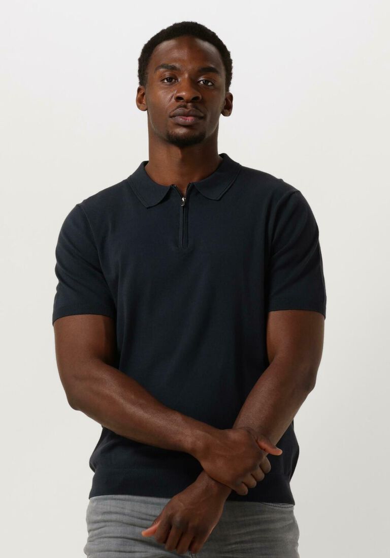 PURE PATH donkerblauwe pure path polo knitted shotsleeve polo half zip with chest embroidery