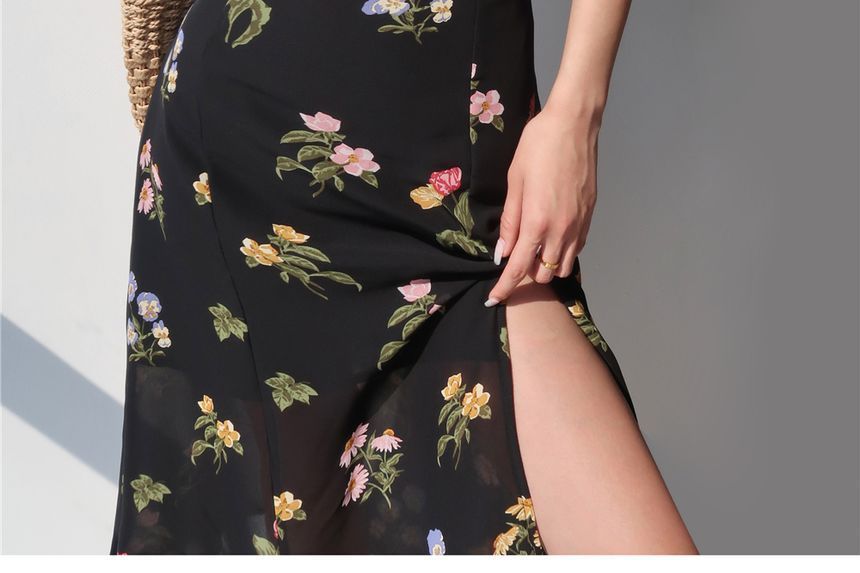 Honmizz - Midi-jurk met spaghettibandjes en bloemenprint
