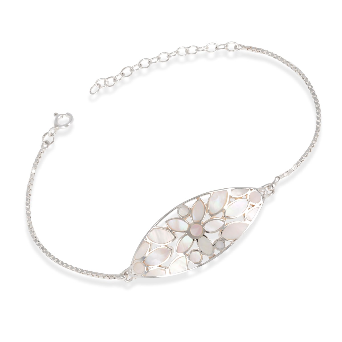 Bracelet ADEN réglable Fleur Nacre blanche sur chaîne argent 925 millième