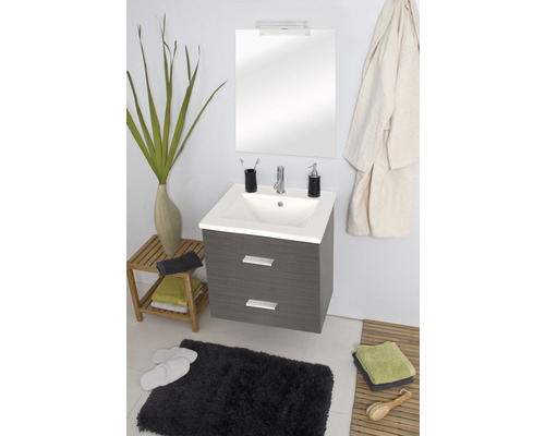 Badkamermeubelset Differnz Luka BxHxD 60 x 170 x 48 cm, frontkleur eikengrijs, met keramische wastafel in wit en wastafelspiegel met LED-verlichting, wastafelmeubel