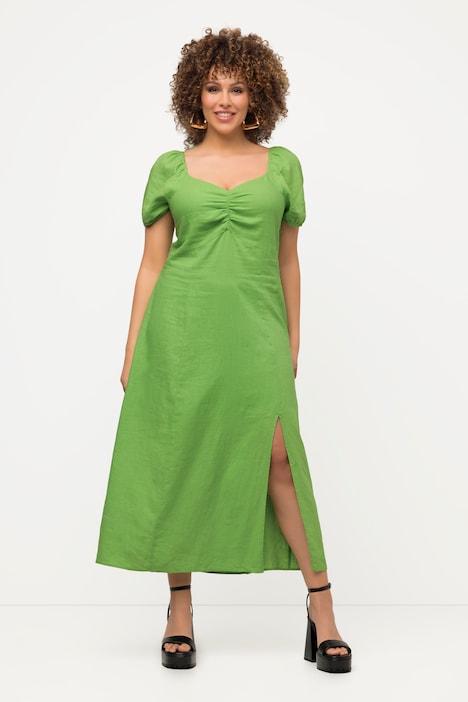 Midikleid, Leinenmix, Smokdetail, Herzausschnitt, Halbarm